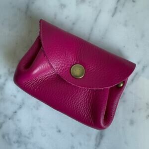 Artisanal Leather Travel Pouch Jewelry Coin Purse Double Snap Closure Magenta